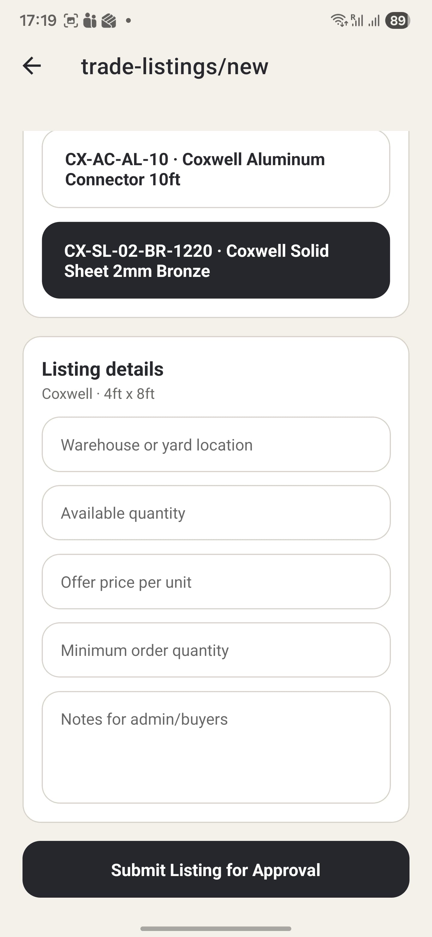 Polykart mobile app trade listing form for seller stock